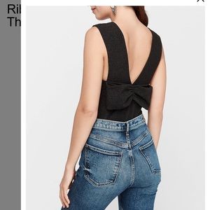 Express Ribbed Plunge Neck Bow Back Thong Bodysuit